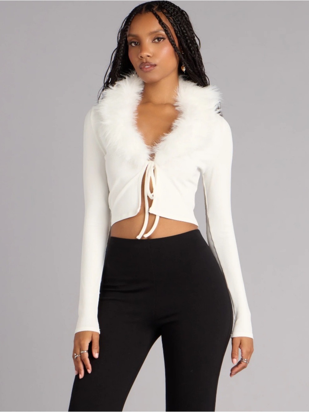 Windsor White Faux Fur neck Trim Tie-Front Crop Cardigan Large